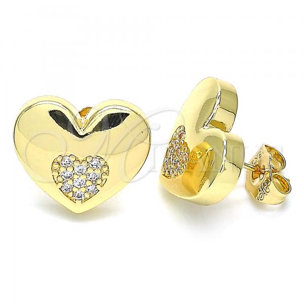 Oro Laminado Stud Earring, Gold Filled Style Heart Design, with White Micro Pave, Polished, Golden Finish, 02.156.0524