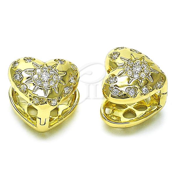 Oro Laminado Huggie Hoop, Gold Filled Style Heart and Sun Design, with White Cubic Zirconia, Polished, Golden Finish, 02.213.0695.15