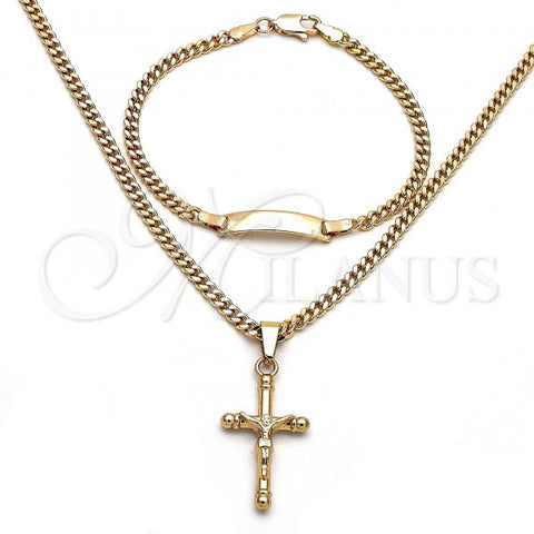 Oro Laminado Necklace and Bracelet, Gold Filled Style Crucifix Design, Polished, Golden Finish, 06.63.0265