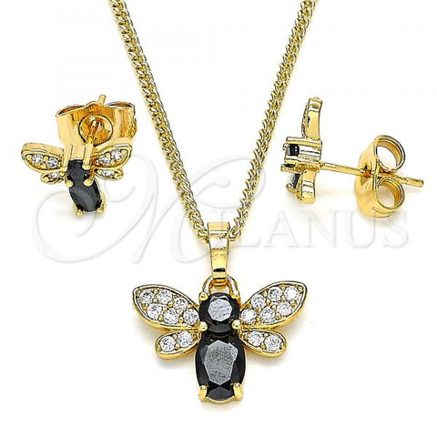 Oro Laminado Earring and Pendant Adult Set, Gold Filled Style Bee Design, with Black Cubic Zirconia and White Micro Pave, Polished, Golden Finish, 10.210.0122.2