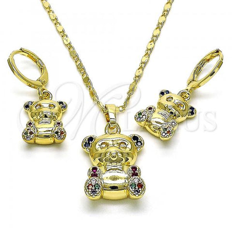 Oro Laminado Earring and Pendant Adult Set, Gold Filled Style Teddy Bear Design, with Multicolor Micro Pave, Polished, Golden Finish, 10.196.0053
