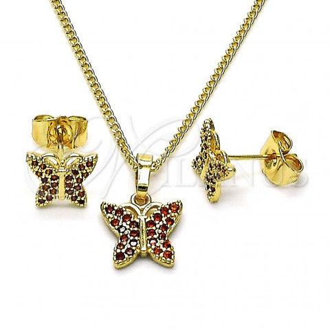 Oro Laminado Earring and Pendant Adult Set, Gold Filled Style Butterfly Design, with Garnet Micro Pave, Polished, Golden Finish, 10.284.0025.1