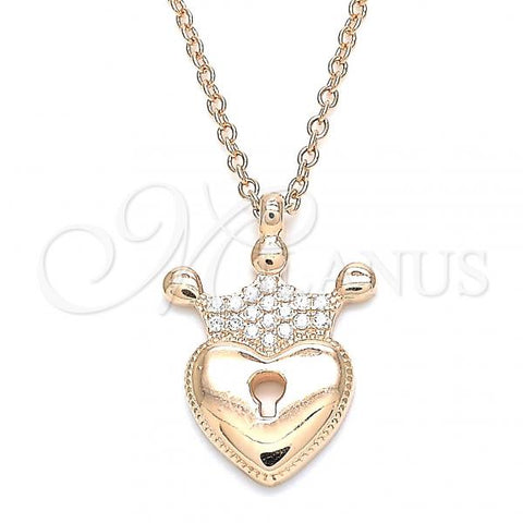 Sterling Silver Pendant Necklace, Lock and Crown Design, with White Cubic Zirconia, Polished, Rose Gold Finish, 04.336.0010.1.16