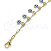 Oro Laminado Charm Anklet , Gold Filled Style Evil Eye and Paperclip Design, Blue Resin Finish, Golden Finish, 03.372.0023.10