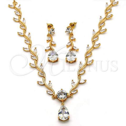 Oro Laminado Necklace and Earring, Gold Filled Style Teardrop and Leaf Design, with White Cubic Zirconia, Polished, Golden Finish, 06.205.0006