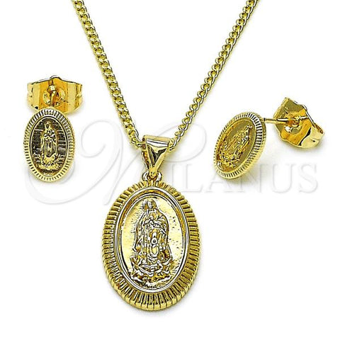 Oro Laminado Earring and Pendant Adult Set, Gold Filled Style Guadalupe Design, Polished, Golden Finish, 10.60.0006