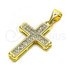 Oro Laminado Religious Pendant, Gold Filled Style Cross Design, with White Micro Pave, Polished, Golden Finish, 05.342.0097