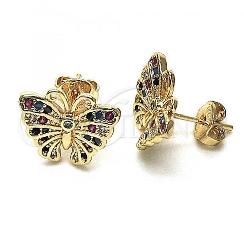 Oro Laminado Stud Earring, Gold Filled Style Butterfly Design, with Multicolor Micro Pave, Polished, Golden Finish, 02.26.0289.3