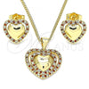 Oro Laminado Earring and Pendant Adult Set, Gold Filled Style Heart Design, with Garnet and White Micro Pave, Polished, Golden Finish, 10.156.0321.1