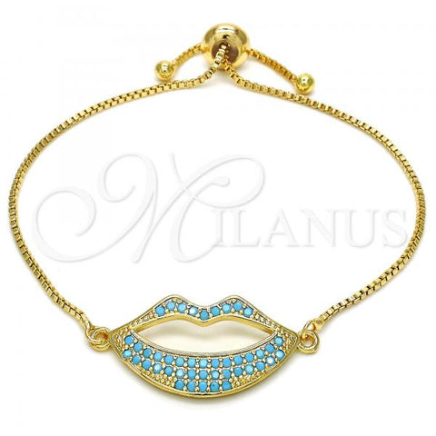 Oro Laminado Adjustable Bolo Bracelet, Gold Filled Style Lips Design, with Turquoise Cubic Zirconia, Polished, Golden Finish, 03.316.0027.1.10