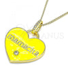 Oro Laminado Pendant Necklace, Gold Filled Style Heart and Mom Design, with White Cubic Zirconia and White Micro Pave, Yellow Enamel Finish, Golden Finish, 04.362.0009.1.20