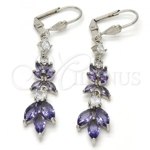 Rhodium Plated Long Earring, Leaf Design, with Amethyst and White Cubic Zirconia, Polished, Rhodium Finish, 02.205.0056.8