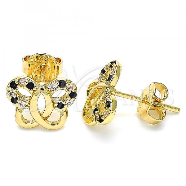 Oro Laminado Stud Earring, Gold Filled Style Butterfly Design, with Black and White Micro Pave, Polished, Golden Finish, 02.233.0026.1