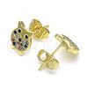 Oro Laminado Stud Earring, Gold Filled Style Owl Design, with Multicolor Micro Pave, Polished, Golden Finish, 02.156.0549.1