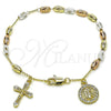 Oro Laminado Fancy Bracelet, Gold Filled Style Guadalupe and Cross Design, with White Cubic Zirconia, Brushed Finish, Tricolor, 03.253.0107.08