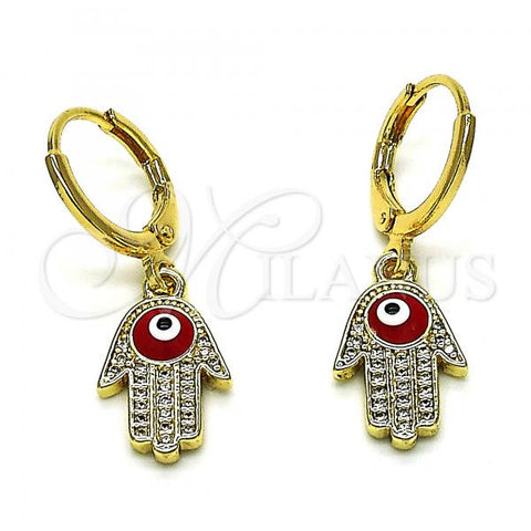 Oro Laminado Dangle Earring, Gold Filled Style Hand of God and Evil Eye Design, with White Micro Pave, Red Enamel Finish, Golden Finish, 02.253.0051.1
