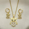 Oro Laminado Earring and Pendant Adult Set, Gold Filled Style Owl Design, with White and Black Cubic Zirconia, Polished, Golden Finish, 10.316.0070