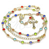 Oro Laminado Medium Rosary, Gold Filled Style Caridad del Cobre and Crucifix Design, with Multicolor Crystal, Polished, Golden Finish, 09.326.0003.18