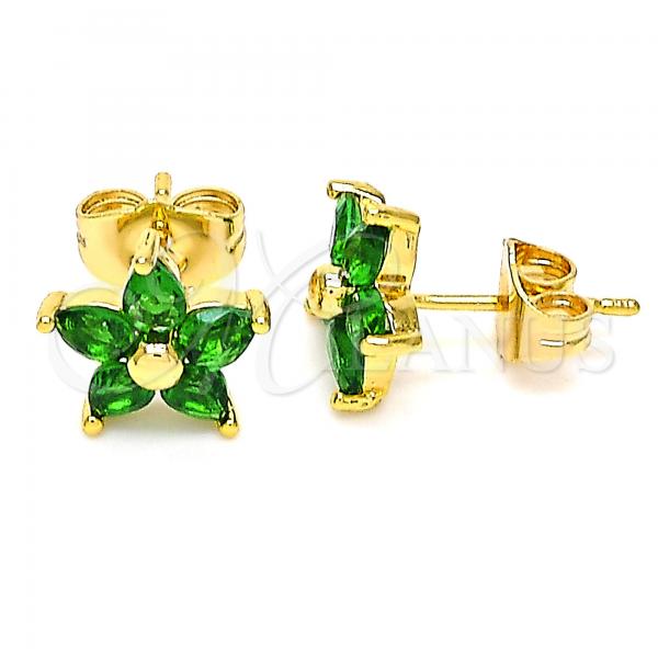 Oro Laminado Stud Earring, Gold Filled Style Flower Design, with Green Cubic Zirconia, Polished, Golden Finish, 02.310.0024