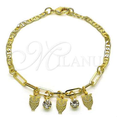 Oro Laminado Charm Bracelet, Gold Filled Style Owl and Paperclip Design, with White Crystal, Polished, Golden Finish, 03.63.2251.08