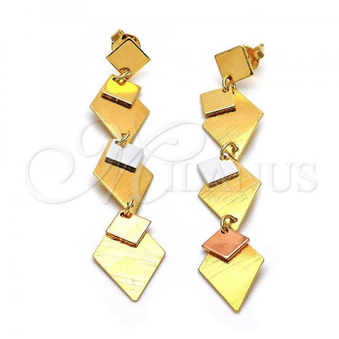 Oro Laminado Long Earring, Gold Filled Style Brushed Finish, Tricolor, 70.001
