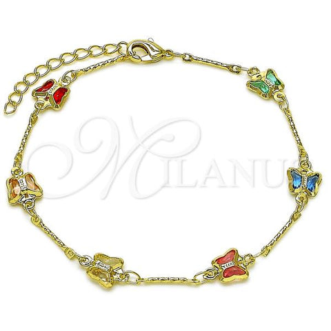 Oro Laminado Fancy Bracelet, Gold Filled Style Butterfly Design, with Multicolor Crystal, Diamond Cutting Finish, Golden Finish, 03.213.0201.07