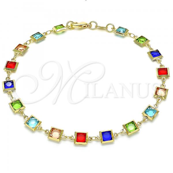 Oro Laminado Fancy Anklet, Gold Filled Style with Multicolor Cubic Zirconia, Polished, Golden Finish, 03.326.0002.1.10