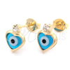 Oro Laminado Stud Earring, Gold Filled Style Evil Eye Design, with Turquoise Crystal and White Cubic Zirconia, Polished, Golden Finish, 02.02.0491