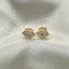 Oro Laminado Stud Earring, Gold Filled Style Evil Eye Design, with Sapphire Blue and White Micro Pave, Polished, Golden Finish, 02.156.0555
