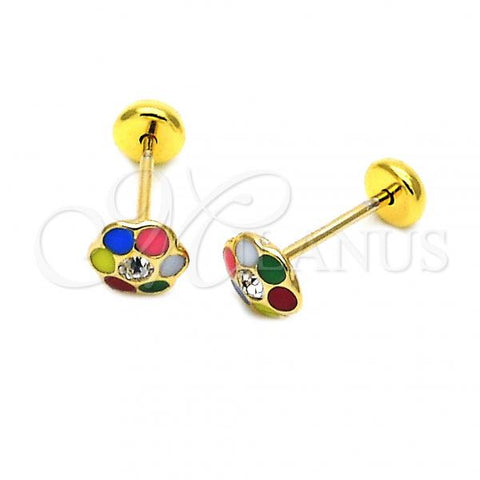 Oro Laminado Stud Earring, Gold Filled Style Flower Design, Multicolor Enamel Finish, Golden Finish, 5.126.085