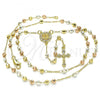 Oro Laminado Thin Rosary, Gold Filled Style Jesus and Crucifix Design, with White Crystal, Polished, Tricolor, 09.253.0049.22