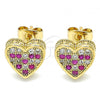 Oro Laminado Stud Earring, Gold Filled Style Heart Design, with Ruby and White Micro Pave, Polished, Golden Finish, 02.344.0016.2