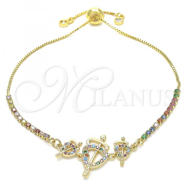 Oro Laminado Adjustable Bolo Bracelet, Gold Filled Style Heart Design, with Multicolor Cubic Zirconia, Polished, Golden Finish, 03.233.0017.3.12