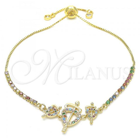 Oro Laminado Adjustable Bolo Bracelet, Gold Filled Style Heart Design, with Multicolor Cubic Zirconia, Polished, Golden Finish, 03.233.0017.3.12