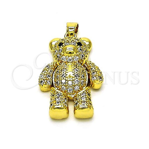 Oro Laminado Fancy Pendant, Gold Filled Style Teddy Bear Design, with White and Black Micro Pave, Polished, Golden Finish, 05.381.0031
