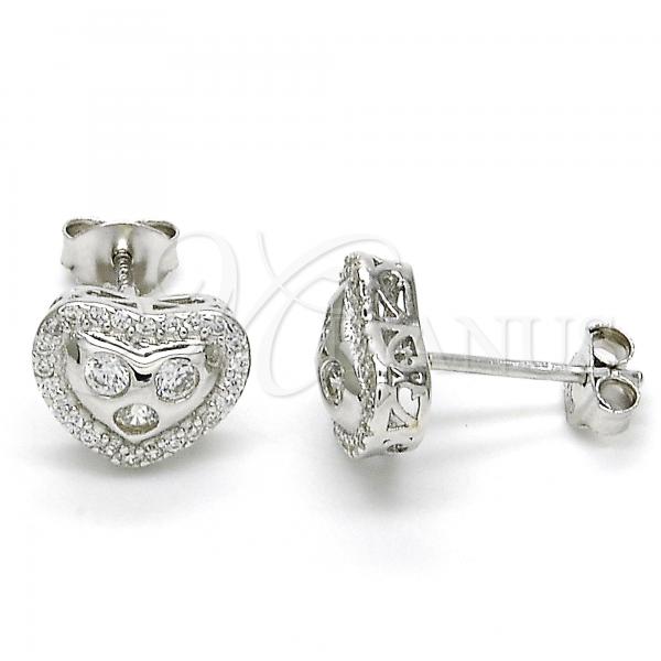 Sterling Silver Stud Earring, Heart Design, with White Cubic Zirconia, Polished, Rhodium Finish, 02.285.0087