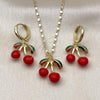Oro Laminado Earring and Pendant Adult Set, Gold Filled Style Cherry Design, Red Enamel Finish, Golden Finish, 10.411.0007