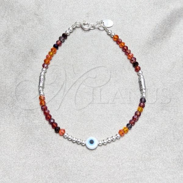 Sterling Silver Fancy Bracelet, Ball and Evil Eye Design, with Orange Red Crystal, Polished, Silver Finish, 03.409.0177.07