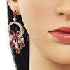 Oro Laminado Chandelier Earring, Gold Filled Style Butterfly and Teardrop Design, with Ruby and White Cubic Zirconia, Polished, Golden Finish, 02.436.0004.1