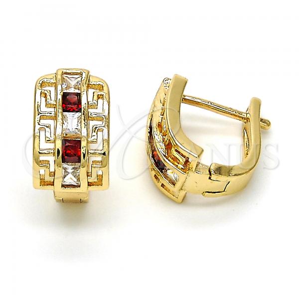 Oro Laminado Huggie Hoop, Gold Filled Style Greek Key Design, with Garnet and White Cubic Zirconia, Polished, Golden Finish, 02.237.0015.2.15