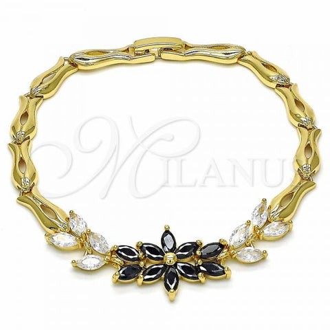 Oro Laminado Fancy Bracelet, Gold Filled Style Flower and Leaf Design, with Black and White Cubic Zirconia, Polished, Golden Finish, 03.316.0070.08