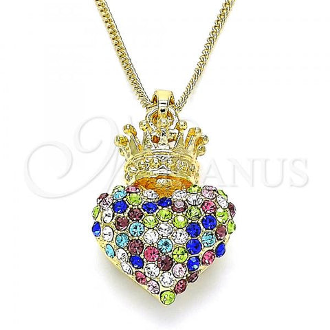 Oro Laminado Pendant Necklace, Gold Filled Style Heart and Crown Design, with Multicolor Crystal, Polished, Golden Finish, 04.63.1408.2.20