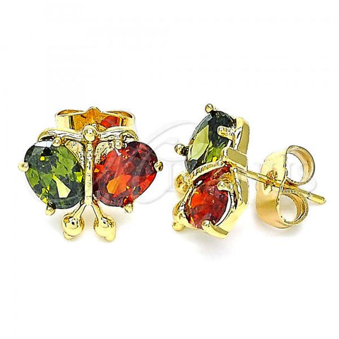 Oro Laminado Stud Earring, Gold Filled Style Butterfly Design, with Green and Garnet Cubic Zirconia, Polished, Golden Finish, 02.387.0019.5