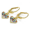 Oro Laminado Threader Earring, Gold Filled Style Heart Design, with Multicolor Micro Pave, Polished, Golden Finish, 02.210.0345.1