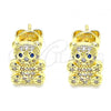 Oro Laminado Stud Earring, Gold Filled Style Teddy Bear Design, with Sapphire Blue and White Micro Pave, Polished, Golden Finish, 02.156.0471.1