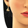 Oro Laminado Leverback Earring, Gold Filled Style Flower and Heart Design, with Garnet and White Micro Pave, Polished, Golden Finish, 02.210.0382.1