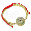 Oro Laminado Adjustable Bolo Bracelet, Gold Filled Style Evil Eye and Ball Design, with Multicolor Micro Pave, Turquoise Enamel Finish, Golden Finish, 03.381.0024.10