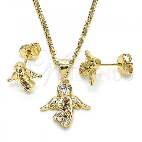 Oro Laminado Earring and Pendant Adult Set, Gold Filled Style Angel Design, with Multicolor Micro Pave and White Cubic Zirconia, Polished, Golden Finish, 10.156.0203.2