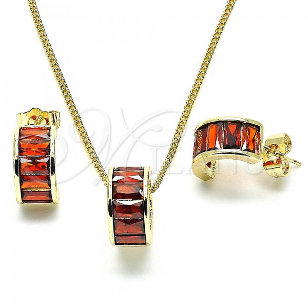 Oro Laminado Earring and Pendant Adult Set, Gold Filled Style with Garnet Cubic Zirconia, Polished, Golden Finish, 10.284.0007