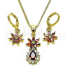 Oro Laminado Earring and Pendant Adult Set, Gold Filled Style Flower and Teardrop Design, with Garnet and White Cubic Zirconia, Polished, Golden Finish, 10.316.0065.1